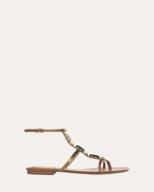 Alba Stone Leather T-Strap Flat Sandals